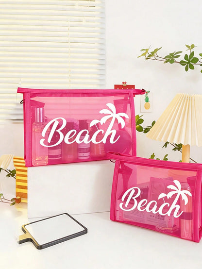 Large Capacity Net Bag Set, "Beach" Pattern Printed Net Bag, Mesh Beach Tote Bag, Mesh Cosmetic Bag, Foldable Large Capacity Beach Bag, Waterproof And Sandproof, Letter Decor Mesh Beach Tote Bag, Pers