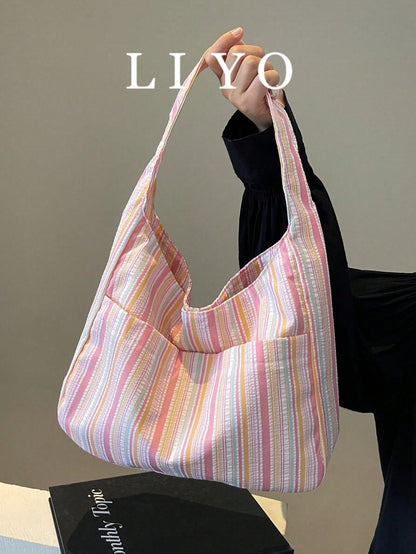 Large Capacity Women Cloth Tote Bag, Shoulder Bag, Casual Stripe Fabric Handbag, Pink, Beach,Beach Bag