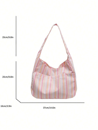 Large Capacity Women Cloth Tote Bag, Shoulder Bag, Casual Stripe Fabric Handbag, Pink, Beach,Beach Bag
