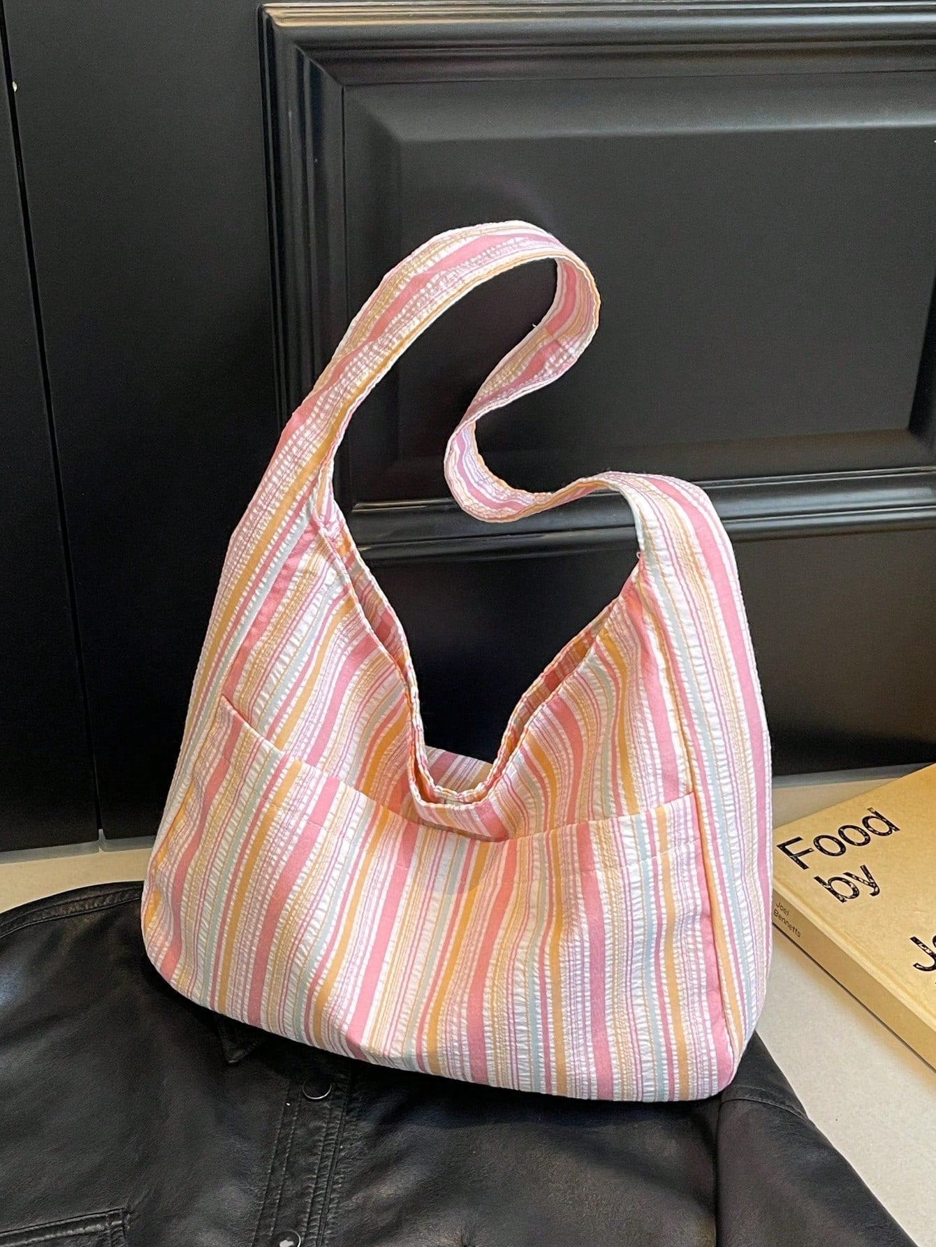 Large Capacity Women Cloth Tote Bag, Shoulder Bag, Casual Stripe Fabric Handbag, Pink, Beach,Beach Bag