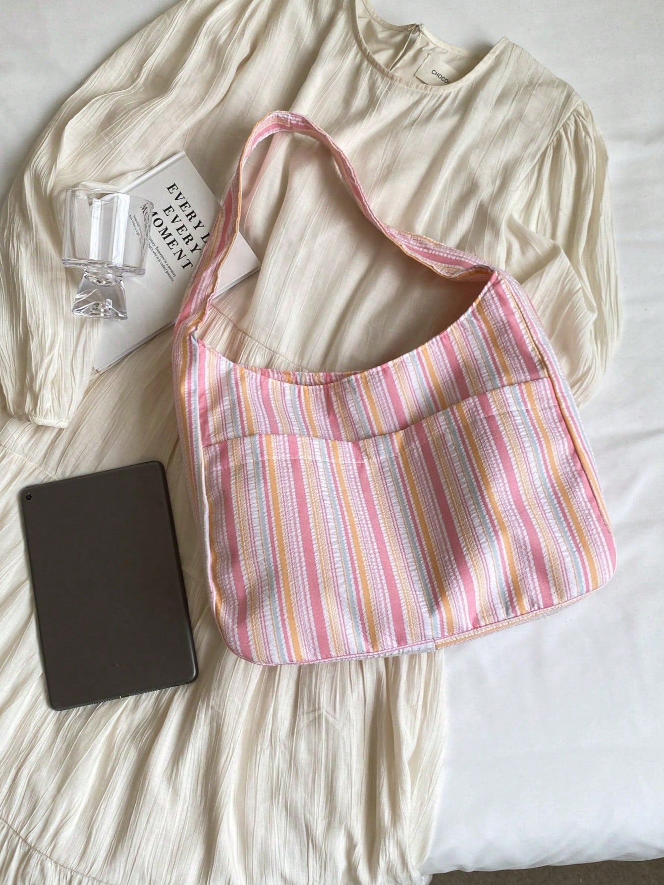 Large Capacity Women Cloth Tote Bag, Shoulder Bag, Casual Stripe Fabric Handbag, Pink, Beach,Beach Bag