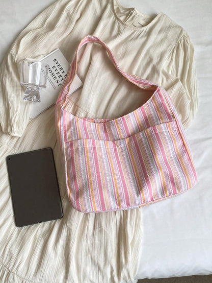 Large Capacity Women Cloth Tote Bag, Shoulder Bag, Casual Stripe Fabric Handbag, Pink, Beach,Beach Bag
