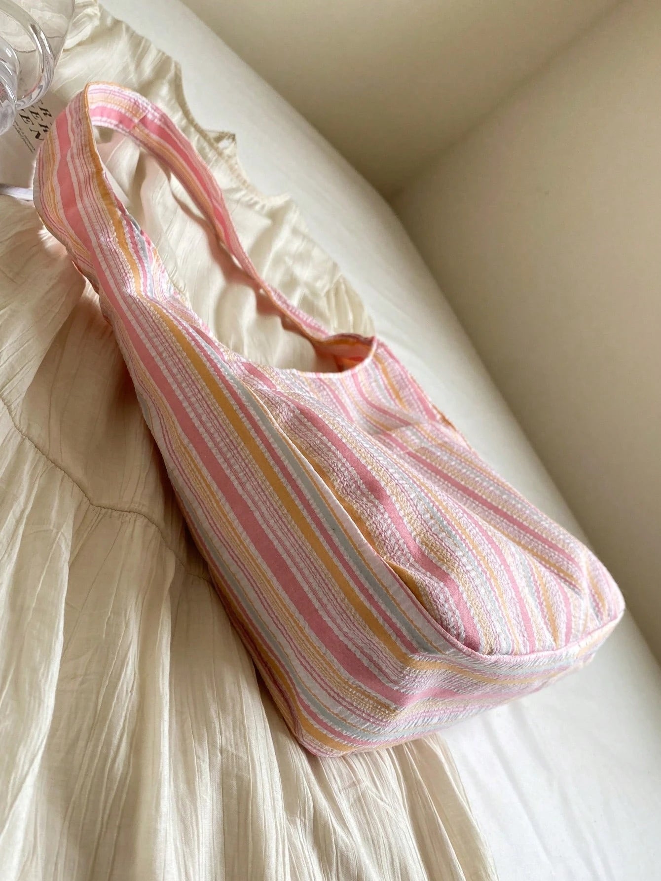 Large Capacity Women Cloth Tote Bag, Shoulder Bag, Casual Stripe Fabric Handbag, Pink, Beach,Beach Bag