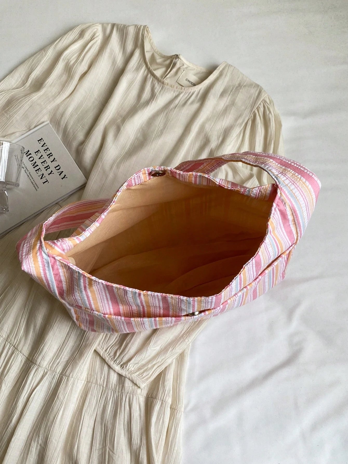 Large Capacity Women Cloth Tote Bag, Shoulder Bag, Casual Stripe Fabric Handbag, Pink, Beach,Beach Bag