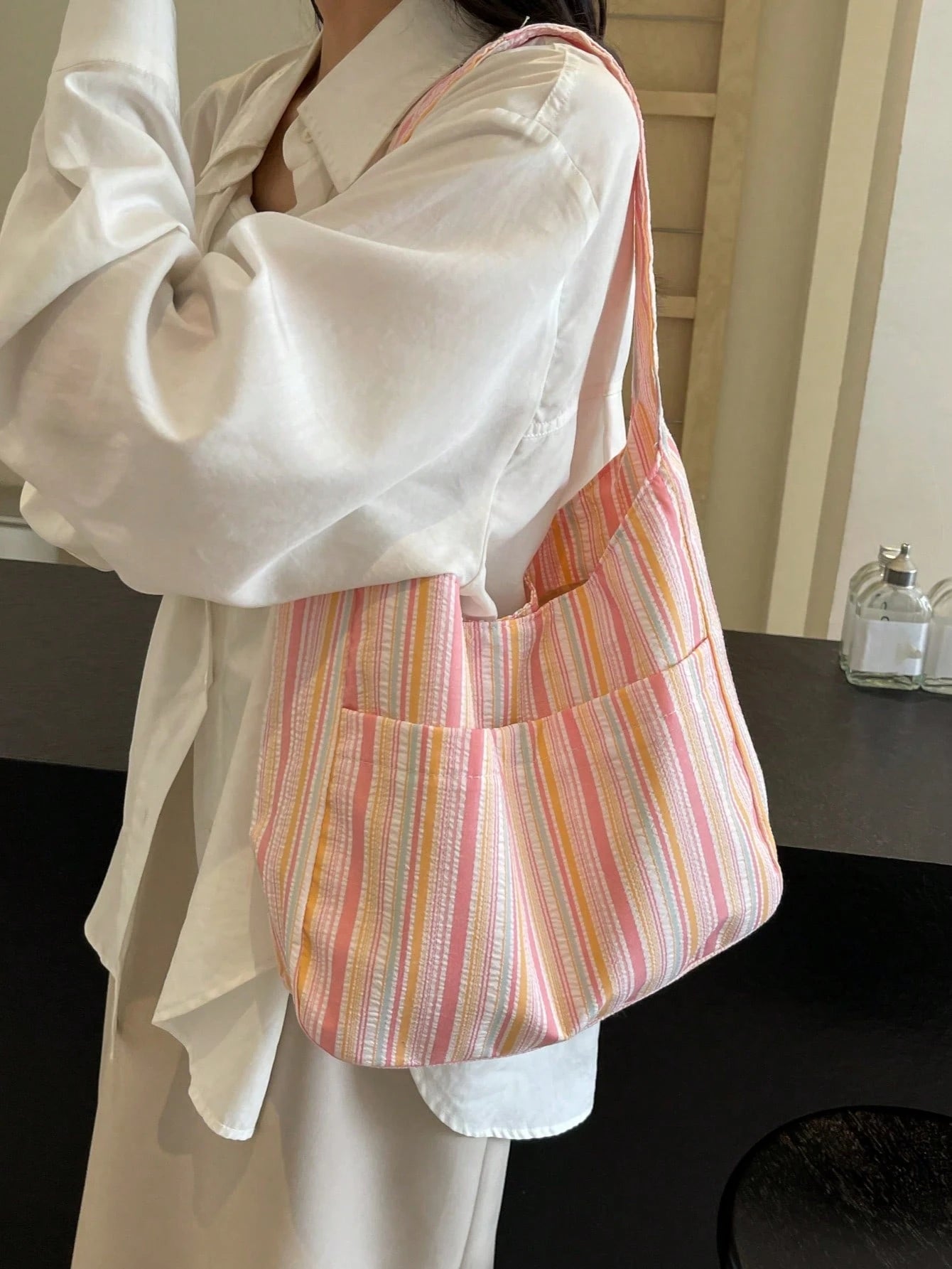 Large Capacity Women Cloth Tote Bag, Shoulder Bag, Casual Stripe Fabric Handbag, Pink, Beach,Beach Bag