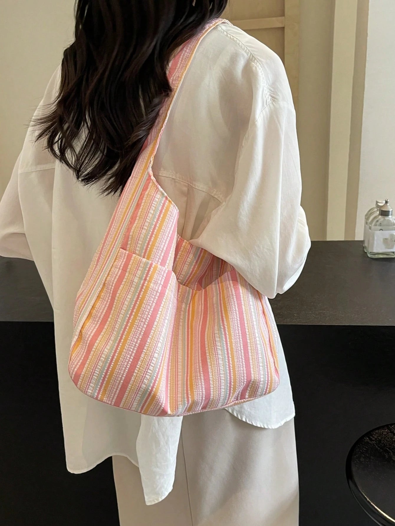 Large Capacity Women Cloth Tote Bag, Shoulder Bag, Casual Stripe Fabric Handbag, Pink, Beach,Beach Bag