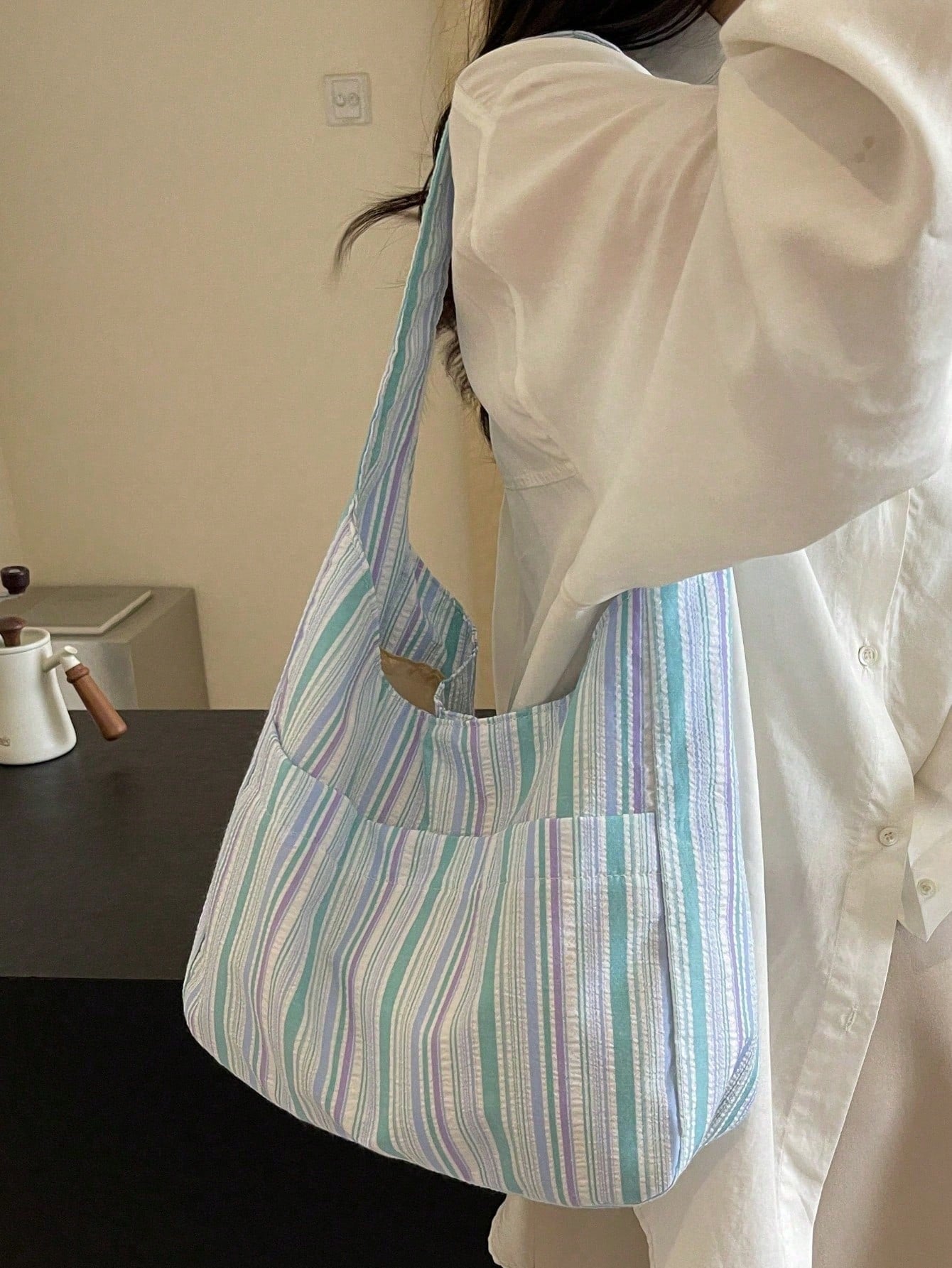 Large Capacity Women's Cloth Bag, Shoulder Bag, Casual Versatile Striped Tote Bag