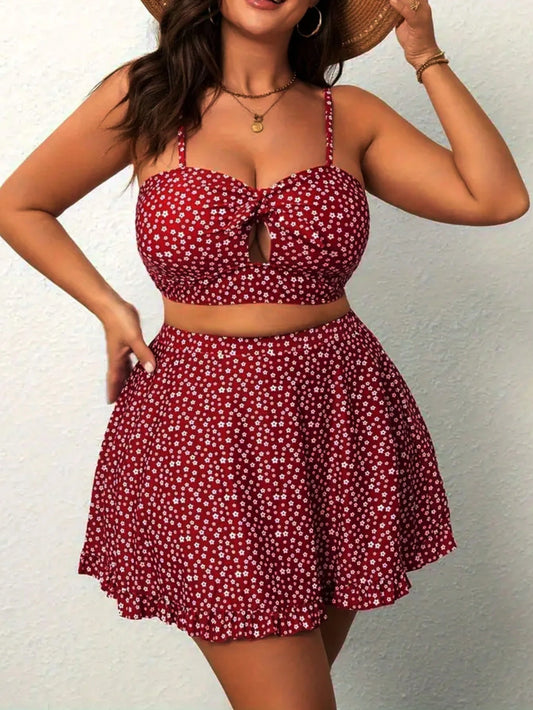 Large Size Women's Small Red Flower Split Skirt Swimsuit With Bow Hollow Out And Ruffle Edge Skirt To Cover The Belly And Hide Meat, Sweet Swimsuit