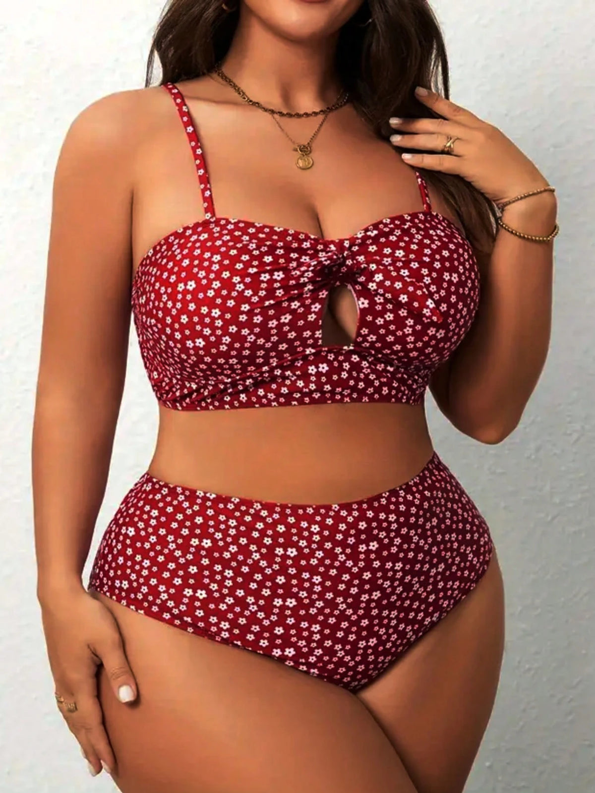 Large Size Women's Small Red Flower Split Skirt Swimsuit With Bow Hollow Out And Ruffle Edge Skirt To Cover The Belly And Hide Meat, Sweet Swimsuit