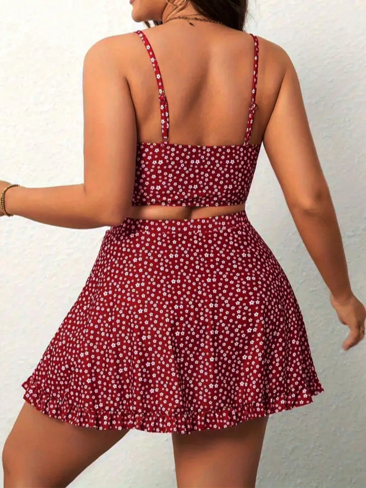 Large Size Women's Small Red Flower Split Skirt Swimsuit With Bow Hollow Out And Ruffle Edge Skirt To Cover The Belly And Hide Meat, Sweet Swimsuit