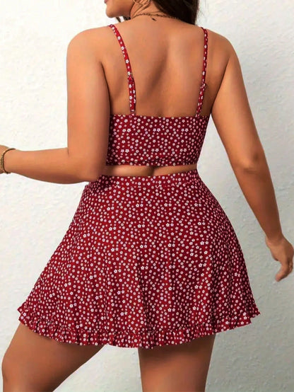 Large Size Women's Small Red Flower Split Skirt Swimsuit With Bow Hollow Out And Ruffle Edge Skirt To Cover The Belly And Hide Meat, Sweet Swimsuit