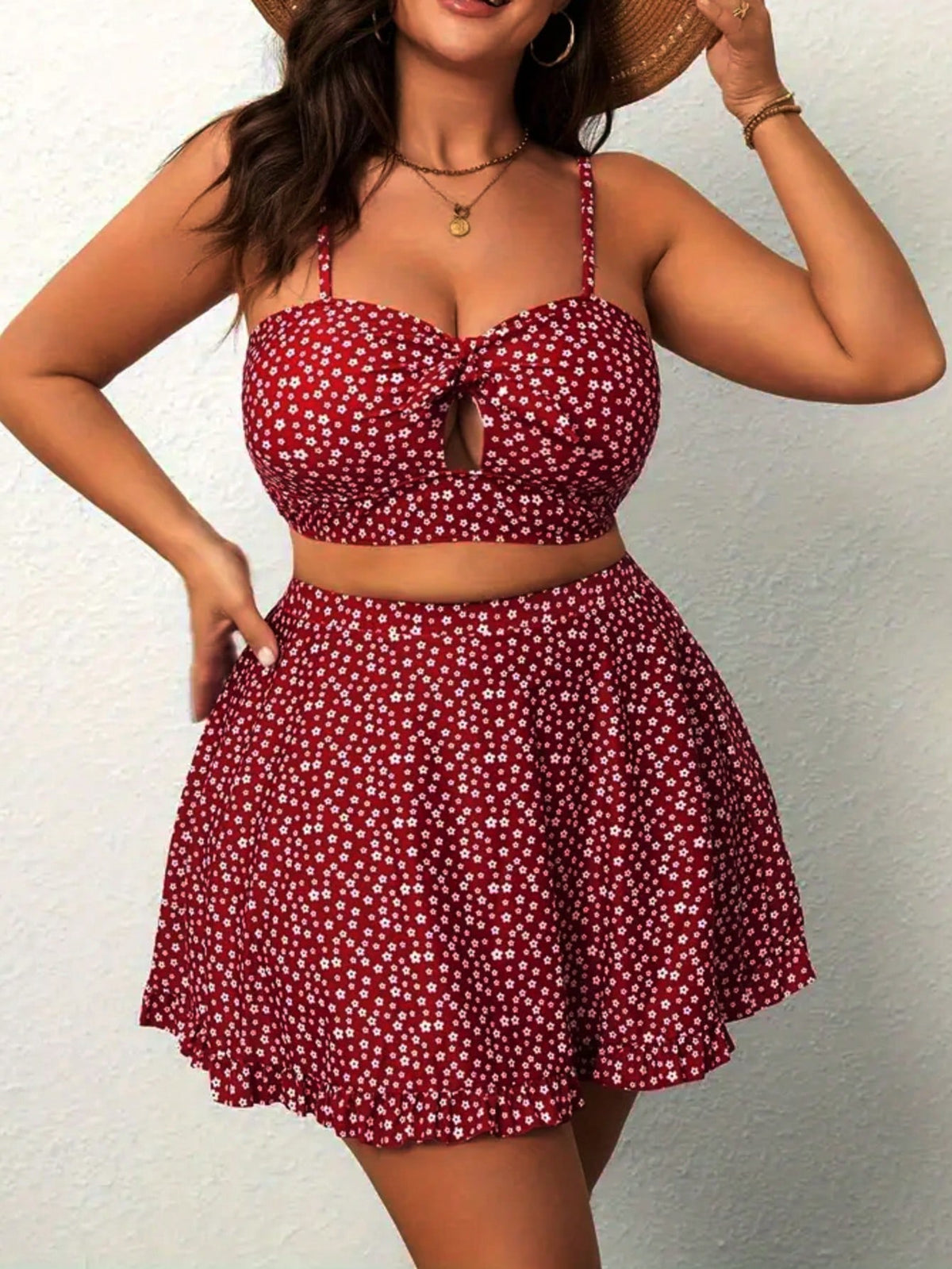 Large Size Women's Small Red Flower Split Skirt Swimsuit With Bow Hollow Out And Ruffle Edge Skirt To Cover The Belly And Hide Meat, Sweet Swimsuit