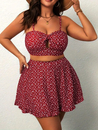 Large Size Women's Small Red Flower Split Skirt Swimsuit With Bow Hollow Out And Ruffle Edge Skirt To Cover The Belly And Hide Meat, Sweet Swimsuit
