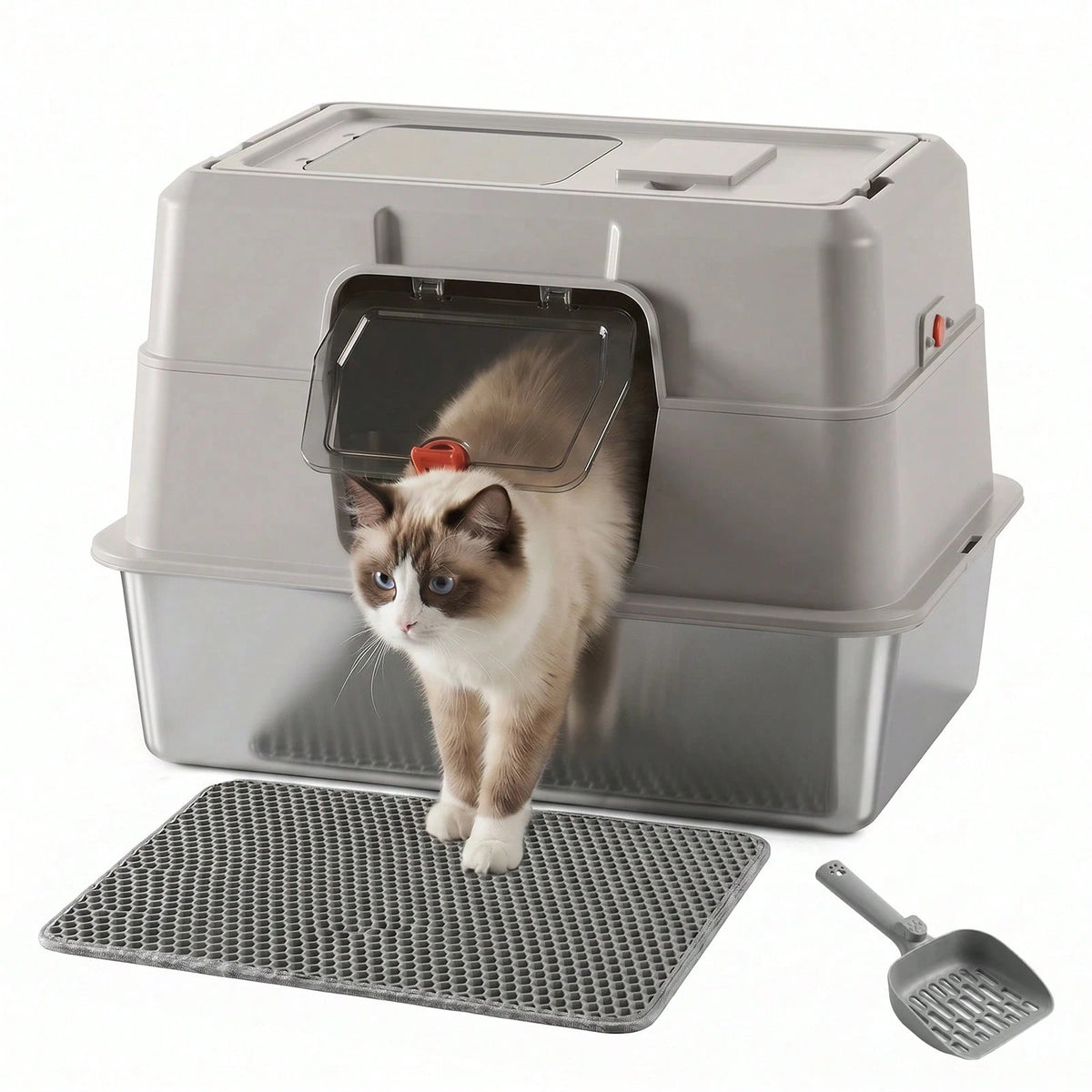 Large Stainless Steel Litter Box With Lid, High Sided Enclosed Metal Cat Litter Pan, Dog Proof Front Entry Top Exit, Odor Control Easy Clean Leak Proof, Includes Mat, Scoop & Step Ideal For Small To M