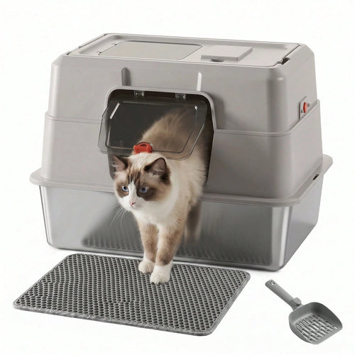 Large Stainless Steel Litter Box With Lid, High Sided Enclosed Metal Cat Litter Pan, Dog Proof Front Entry Top Exit, Odor Control Easy Clean Leak Proof, Includes Mat, Scoop & Step Ideal For Small To M