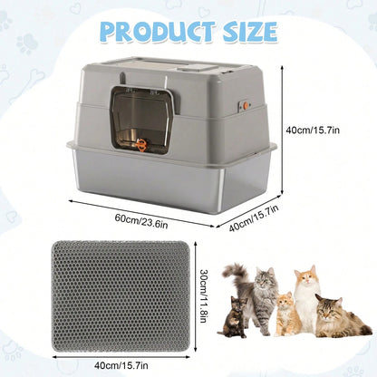Large Stainless Steel Litter Box With Lid, High Sided Enclosed Metal Cat Litter Pan, Dog Proof Front Entry Top Exit, Odor Control Easy Clean Leak Proof, Includes Mat, Scoop & Step Ideal For Small To M