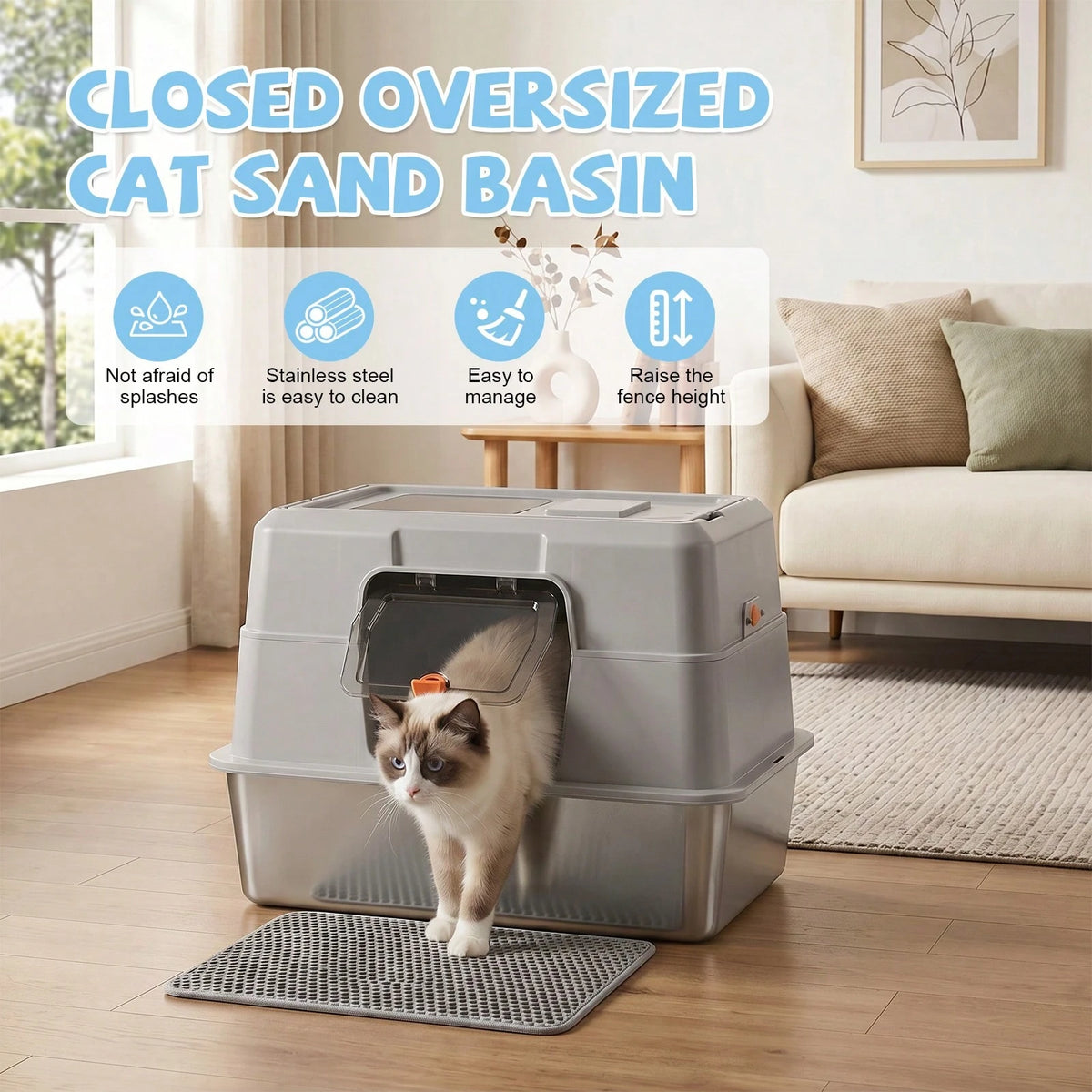 Large Stainless Steel Litter Box With Lid, High Sided Enclosed Metal Cat Litter Pan, Dog Proof Front Entry Top Exit, Odor Control Easy Clean Leak Proof, Includes Mat, Scoop & Step Ideal For Small To M