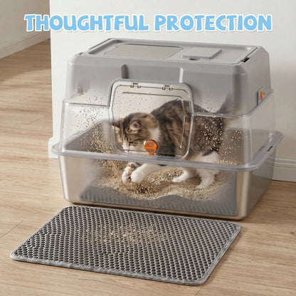 Large Stainless Steel Litter Box With Lid, High Sided Enclosed Metal Cat Litter Pan, Dog Proof Front Entry Top Exit, Odor Control Easy Clean Leak Proof, Includes Mat, Scoop & Step Ideal For Small To M