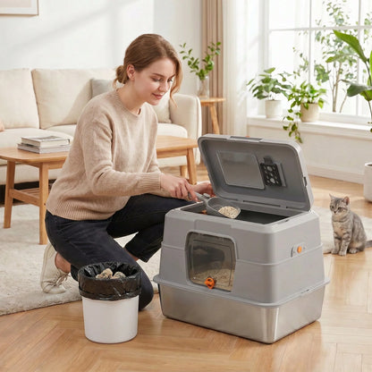 Large Stainless Steel Litter Box With Lid, High Sided Enclosed Metal Cat Litter Pan, Dog Proof Front Entry Top Exit, Odor Control Easy Clean Leak Proof, Includes Mat, Scoop & Step Ideal For Small To M