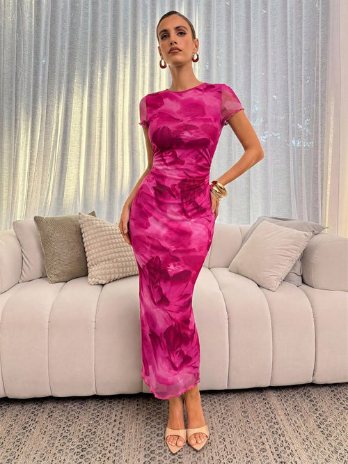 Lavishia Green Abstract Floral Print Round Neck Short Sleeve Fitted Mid-Length Dress For Women, Suitable For Daily Fashion Outings