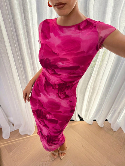 Lavishia Green Abstract Floral Print Round Neck Short Sleeve Fitted Mid-Length Dress For Women, Suitable For Daily Fashion Outings
