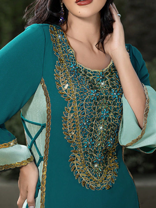 Layrah Dark Teal Chiffon Arabian Robe With Headscarf,Handmade Rhinestone Decorated Ellegant Evening Wedding Dresses For Women,Autumn Al-Adha Party Dress