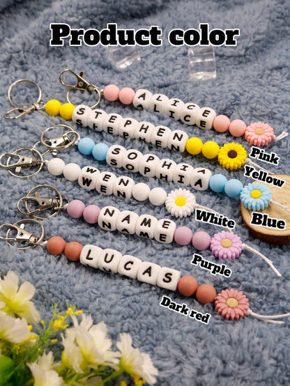 LICVIC Customized Keychain, Personalized Daisy Silicone Bead Pendant, Keychain With Beaded Letters, Backpack, Handbag Charms, Unisex Keychain, Children's Keychain, Gift For Friends, Family, Students