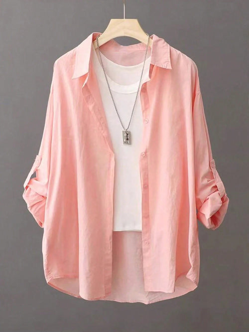 Lightweight Solid Color Casual Sunscreen Shirt, Long Sleeve Minimalist Outerwear For Spring/Summer