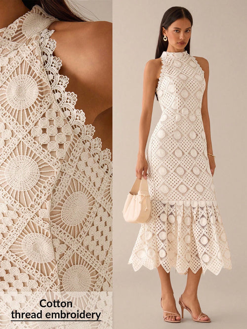 Lilora Women's Elegant Waist-Cinched Sleeveless Dress Crochet Dresses For Women Lace Midi Wedding Guest White Hollow Out Embroidered