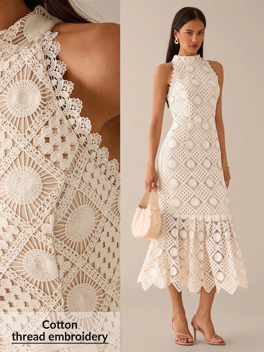 Lilora Women's Elegant Waist-Cinched Sleeveless Dress Crochet Dresses For Women Lace Midi Wedding Guest White Hollow Out Embroidered