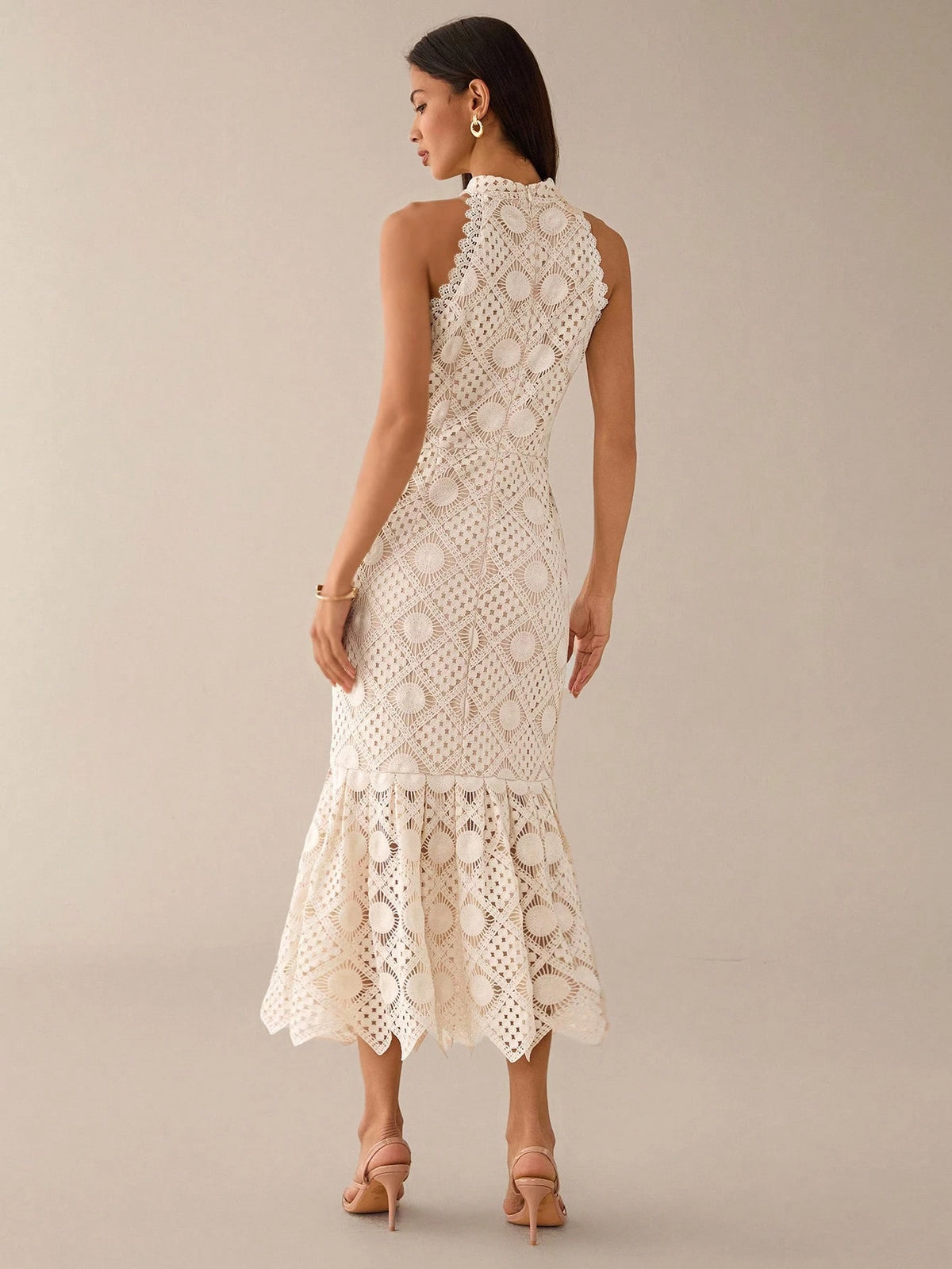 Lilora Women's Elegant Waist-Cinched Sleeveless Dress Crochet Dresses For Women Lace Midi Wedding Guest White Hollow Out Embroidered