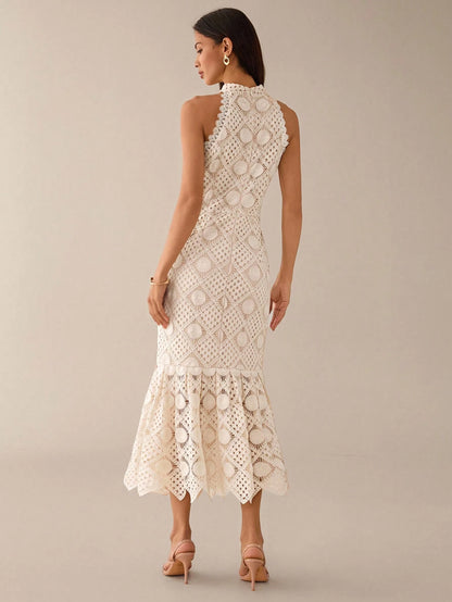 Lilora Women's Elegant Waist-Cinched Sleeveless Dress Crochet Dresses For Women Lace Midi Wedding Guest White Hollow Out Embroidered