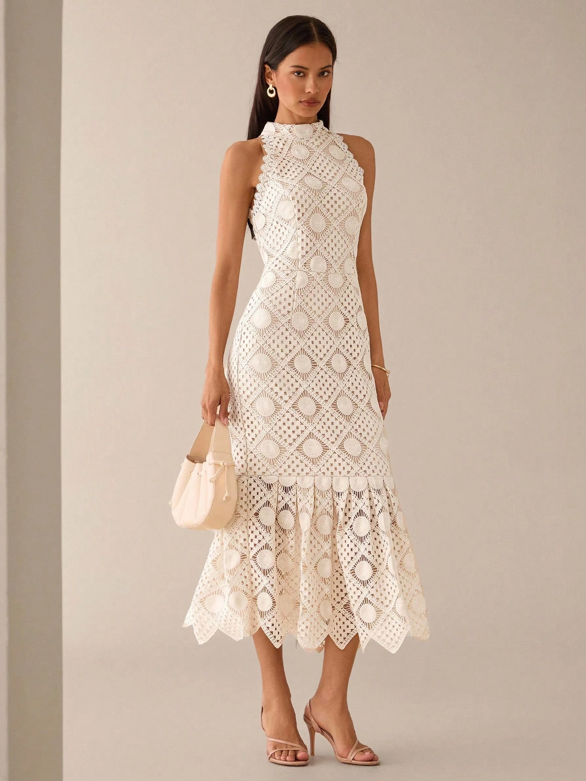 Lilora Women's Elegant Waist-Cinched Sleeveless Dress Crochet Dresses For Women Lace Midi Wedding Guest White Hollow Out Embroidered