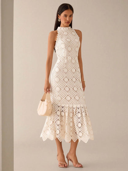 Lilora Women's Elegant Waist-Cinched Sleeveless Dress Crochet Dresses For Women Lace Midi Wedding Guest White Hollow Out Embroidered