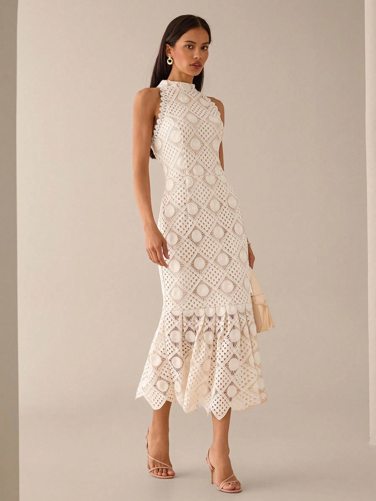 Lilora Women's Elegant Waist-Cinched Sleeveless Dress Crochet Dresses For Women Lace Midi Wedding Guest White Hollow Out Embroidered