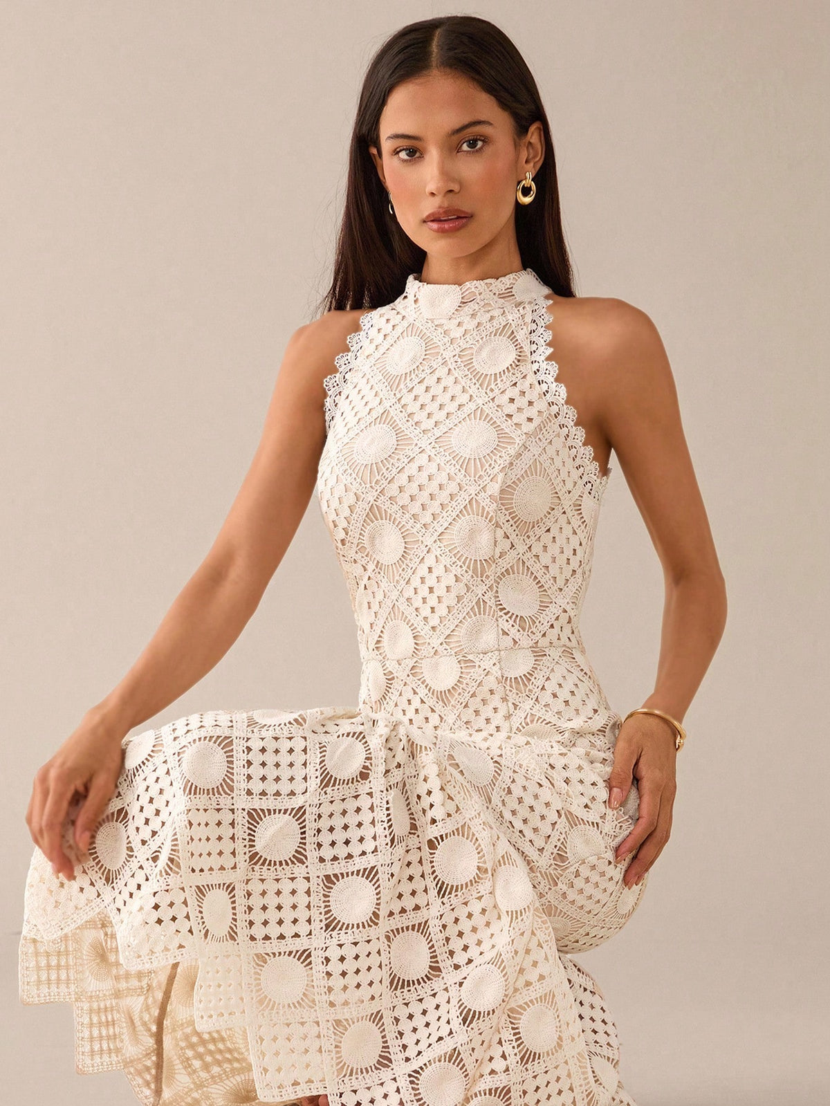 Lilora Women's Elegant Waist-Cinched Sleeveless Dress Crochet Dresses For Women Lace Midi Wedding Guest White Hollow Out Embroidered