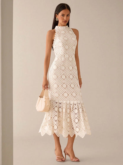 Lilora Women's Elegant Waist-Cinched Sleeveless Dress Crochet Dresses For Women Lace Midi Wedding Guest White Hollow Out Embroidered
