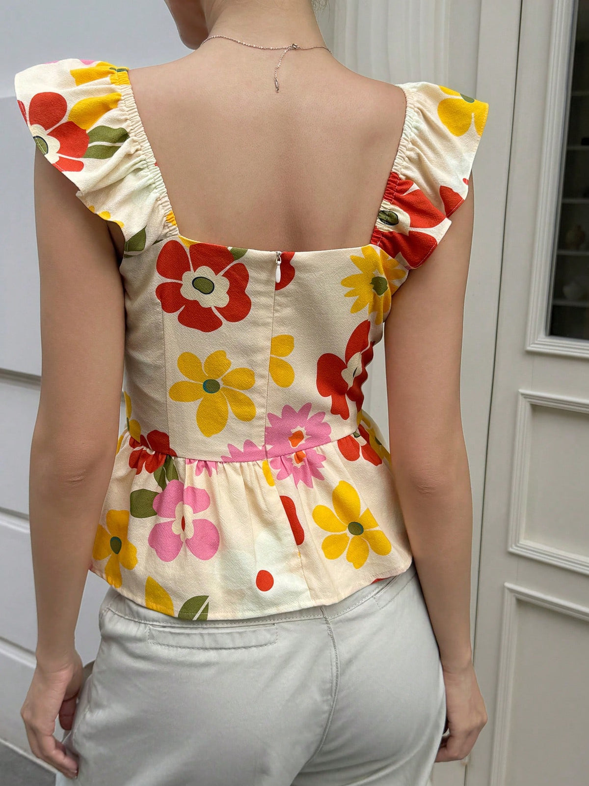 Livesso Summer Hot Girl Floral All-Over Print Ruffle Patchwork Casual Vacation Wedding Vacation Banquet Waist-Defining Elegant Sleeve Blouse Women's Shirt