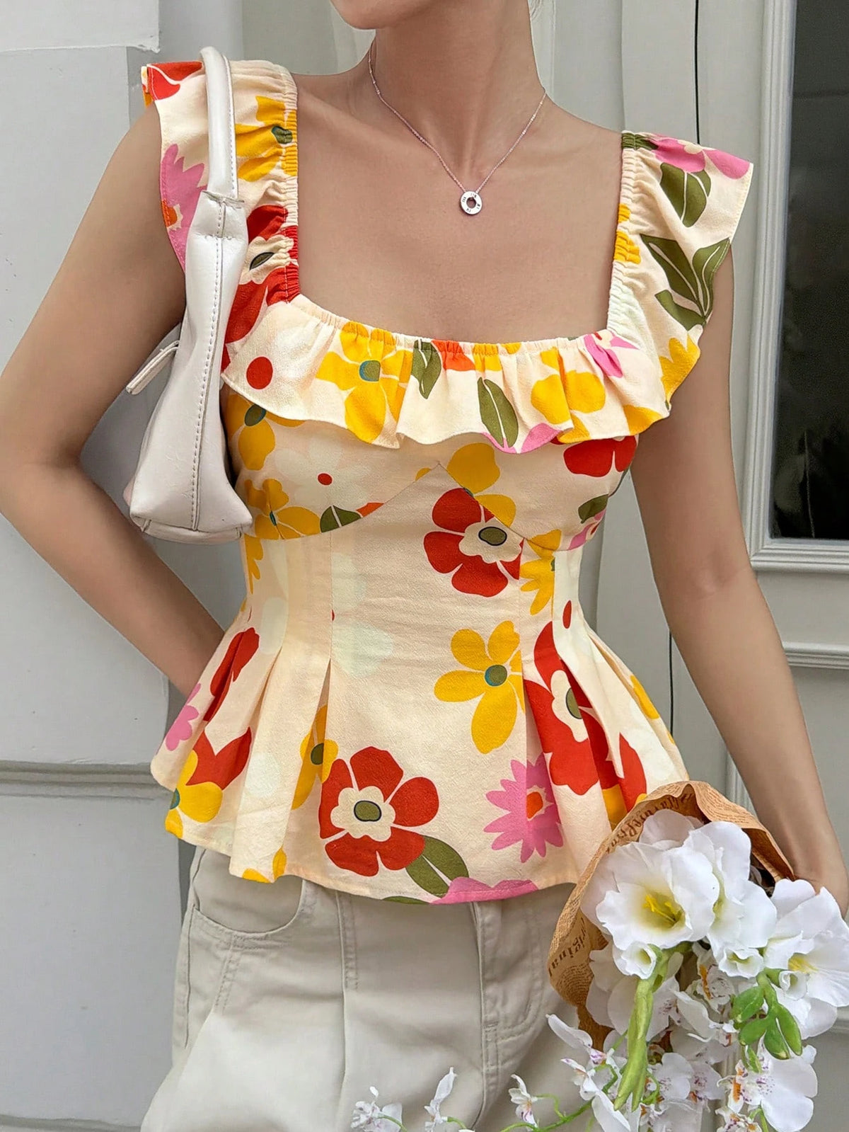 Livesso Summer Hot Girl Floral All-Over Print Ruffle Patchwork Casual Vacation Wedding Vacation Banquet Waist-Defining Elegant Sleeve Blouse Women's Shirt