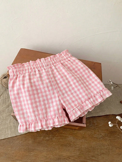 LMoss Kids Babygirl Cute Plaid Elastic Waist Shorts, Versatile For Summer