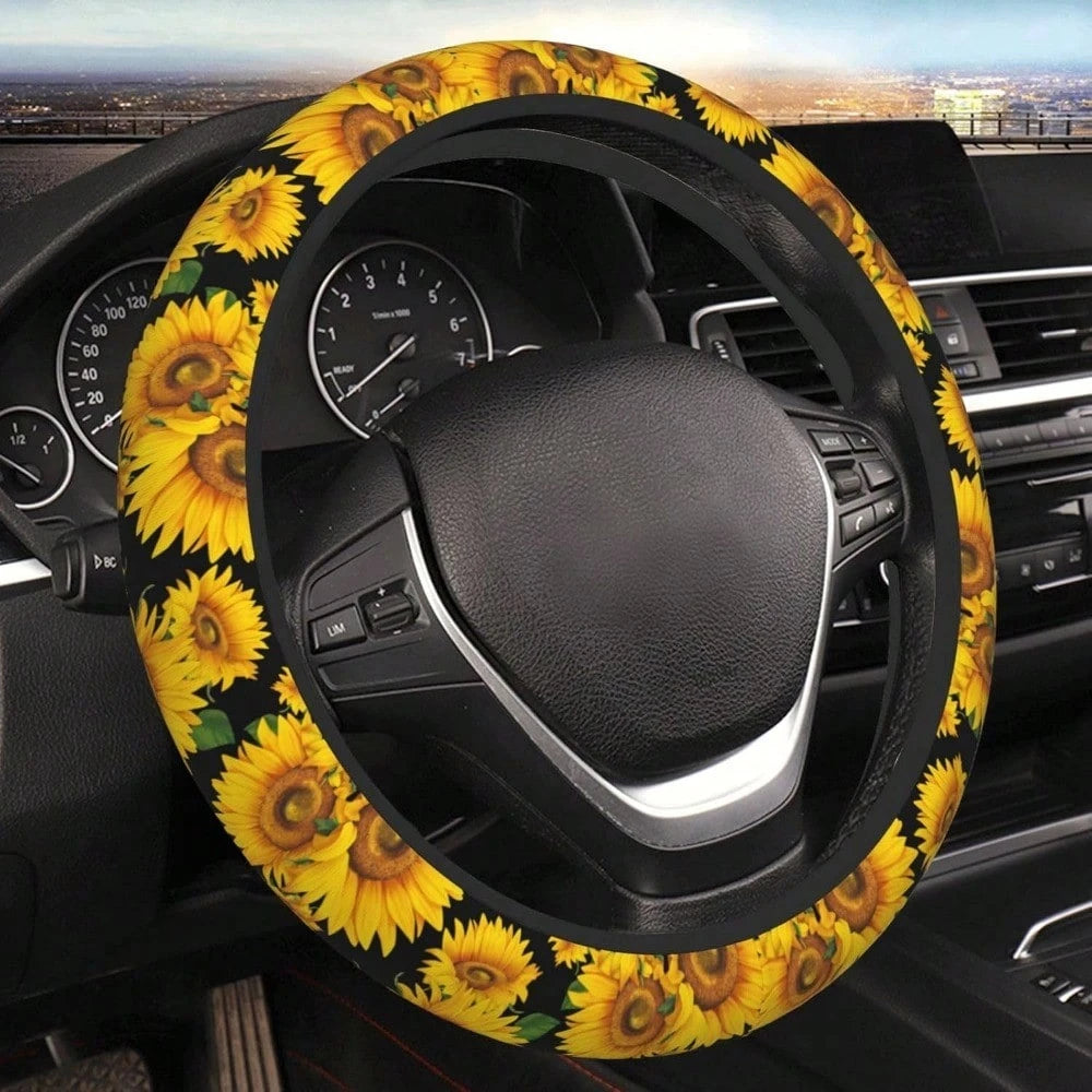 Local Shipping 2025 New 15in Universal Car Accessories Fit Cars, SUVs, Auto,Vintage Daisy Neoprene Steering Wheel Cover Anti-Slip Elastic Flower Floral Steering Wheel Protective Cover