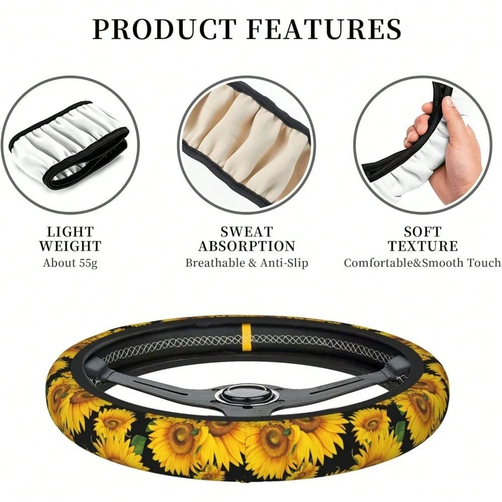 Local Shipping 2025 New 15in Universal Car Accessories Fit Cars, SUVs, Auto,Vintage Daisy Neoprene Steering Wheel Cover Anti-Slip Elastic Flower Floral Steering Wheel Protective Cover