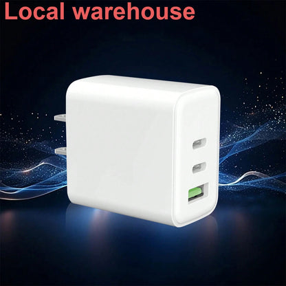 Local Warehouse 3-Port (2 USB-C + 1 USB-A) Wall Charger: Fast Charging With PD & QC For I Phone 16/15/14/13/12 Series Home Office Phone Charger Multi-Port High Output Power