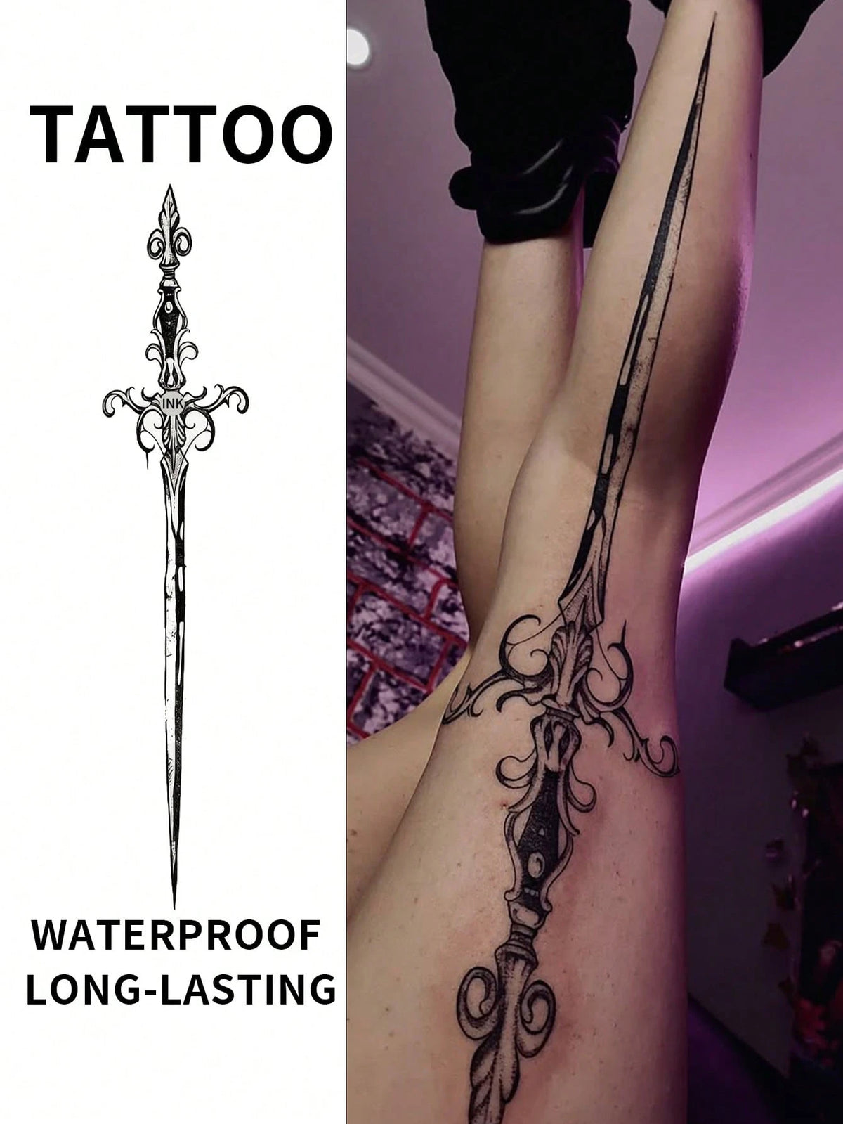 Long Sword Totem Tattoo| Waterproof Temporary Tattoo, Large Size Long Sword Pattern, "Unisex Large Fake Tattoo Stickers, Suitable For Theme Party Events, Body Painting, Black Tattoo Suitable For Wedd
