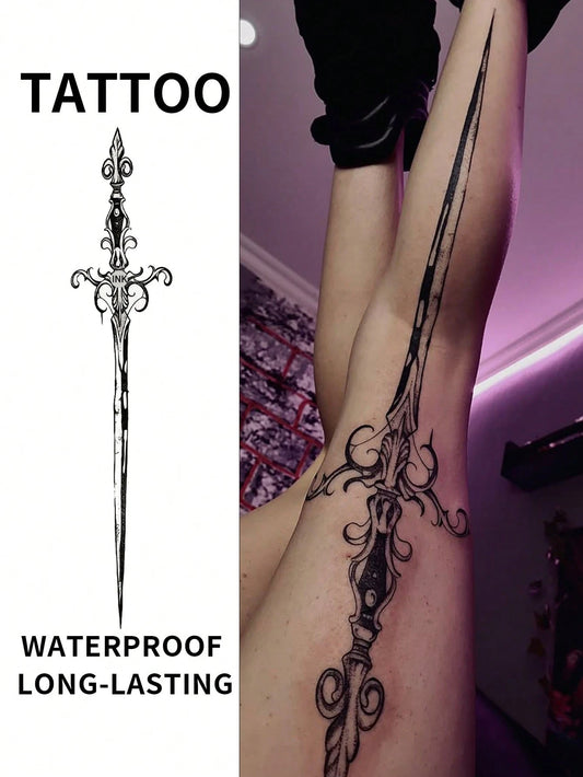 Long Sword Totem Tattoo| Waterproof Temporary Tattoo, Large Size Long Sword Pattern, "Unisex Large Fake Tattoo Stickers, Suitable For Theme Party Events, Body Painting, Black Tattoo Suitable For Wedd