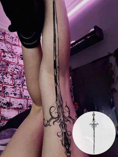 Long Sword Totem Tattoo| Waterproof Temporary Tattoo, Large Size Long Sword Pattern, "Unisex Large Fake Tattoo Stickers, Suitable For Theme Party Events, Body Painting, Black Tattoo Suitable For Wedd
