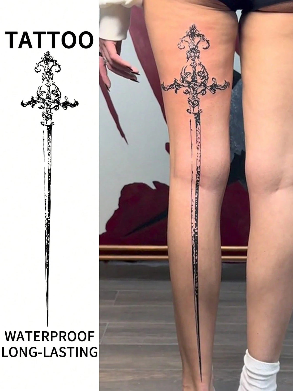 Long Sword Totem Tattoo| Waterproof Temporary Tattoo, Large Size Long Sword Pattern, "Unisex Large Fake Tattoo Stickers, Suitable For Theme Party Events, Body Painting, Black Tattoo Suitable For Wedd