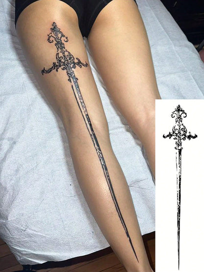 Long Sword Totem Tattoo| Waterproof Temporary Tattoo, Large Size Long Sword Pattern, "Unisex Large Fake Tattoo Stickers, Suitable For Theme Party Events, Body Painting, Black Tattoo Suitable For Wedd
