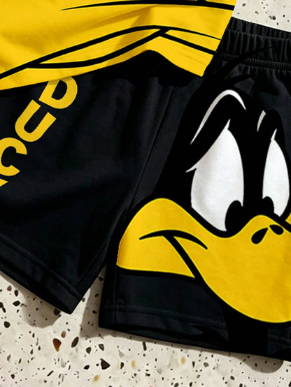LOONEY TUNES X GraphicGems Baby Boy Summer Cute Cartoon Print Short Sleeve T-Shirt + Letter Print Shorts Set