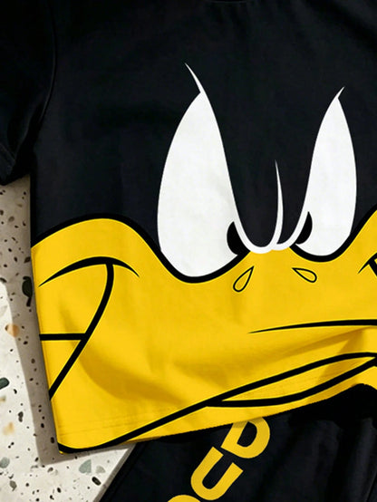 LOONEY TUNES X GraphicGems Baby Boy Summer Cute Cartoon Print Short Sleeve T-Shirt + Letter Print Shorts Set